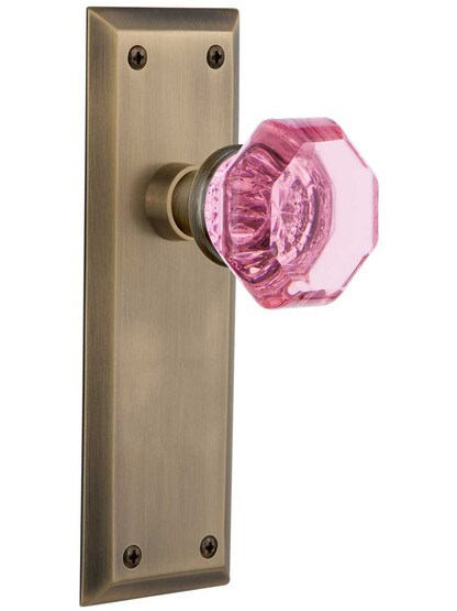 New York Door Set with Colored Waldorf Crystal Glass Knobs Pink in Antique Brass.